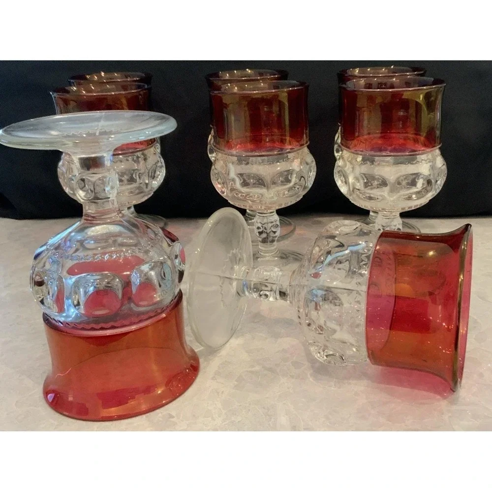 Tiffin Franciscan Kings Crown Thumb Print Ruby Flashed Water Goblets Set of 8